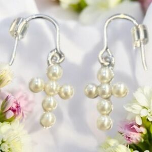 Cross Earrings Freshwater Pearl Sterling Silver Jewelry Dangle Wire Ivory White
